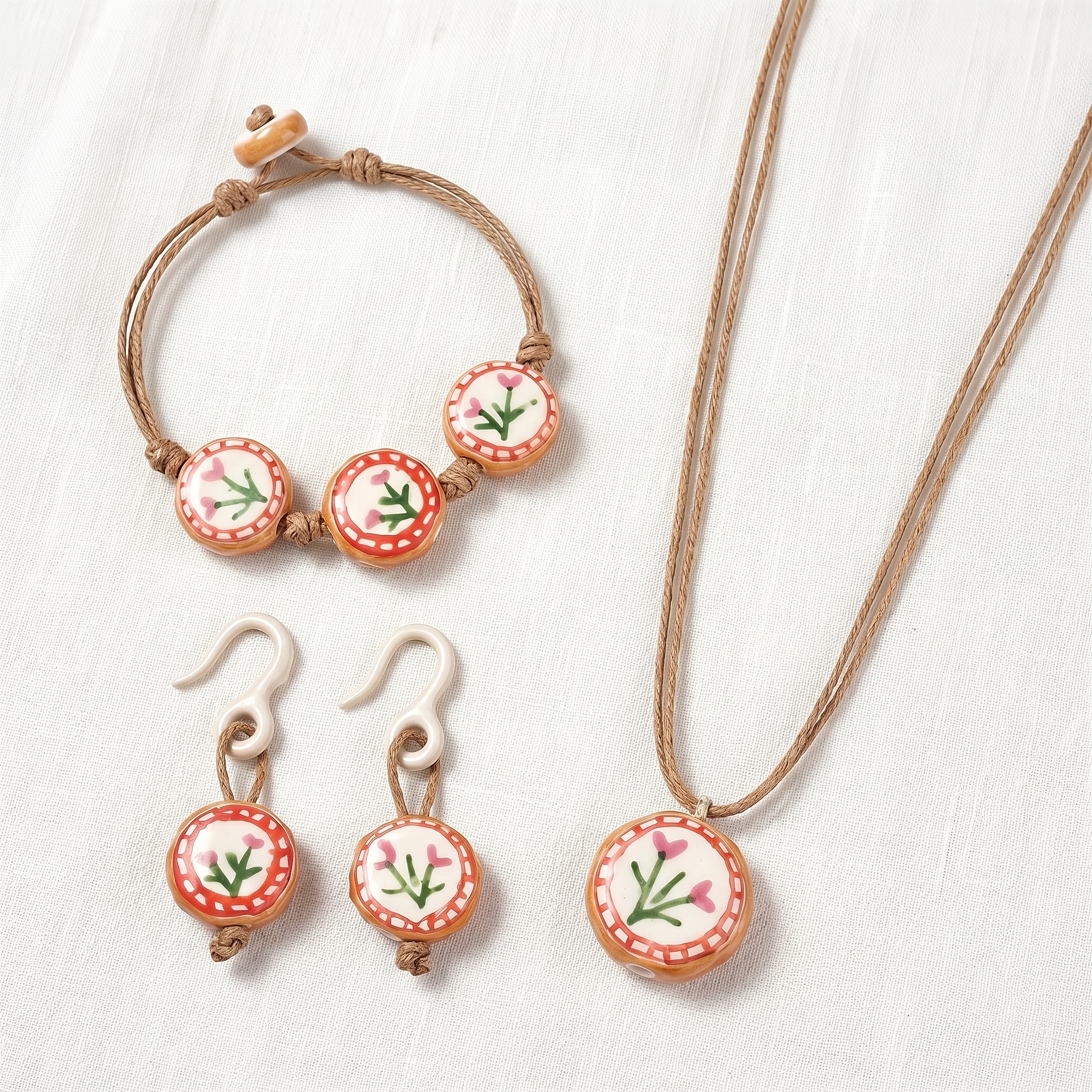 Hand-Painted Flat Round Flower Ceramic Beads, 6pcs Set